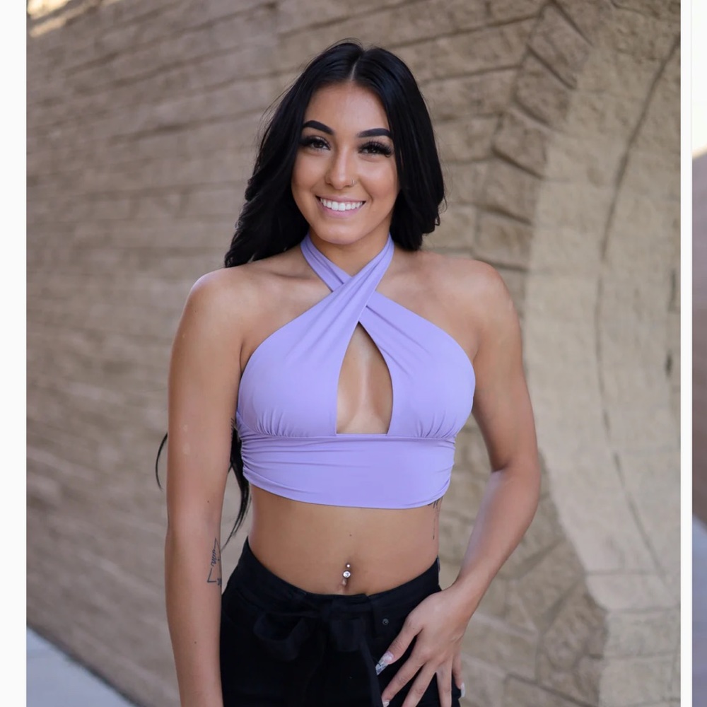 Beautiful purple back tie up crop to